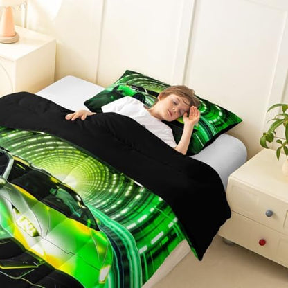 Feelyou Boys Race Car Kids Comforter Set Toddler Size Speed Sports Bedding Set Racing Extreme Sports Duvet Quilt for Kids Boys Girls Bedroom Green Racing Car Decor Microfiber Ultra Soft Breathable