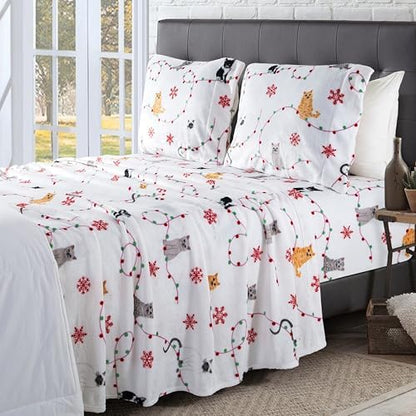 Elegant Comfort Luxuriously Soft 4-Piece Holiday Velvet Plush Flannel Sheet Set - Premium Quality - Cozy Warm, Christmas Fuzzy Velvet Flannel Fleece Deep Pocket Sheet Set - Full, Jingle Cats