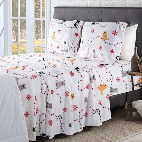 Elegant Comfort Luxuriously Soft 4-Piece Holiday Velvet Plush Flannel Sheet Set - Premium Quality - Cozy Warm, Christmas Fuzzy Velvet Flannel Fleece Deep Pocket Sheet Set - Queen, Jingle Cats