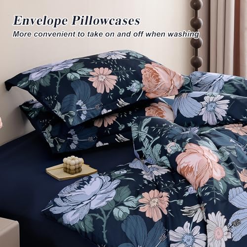 Luxudecor Queen Floral Comforter Set-7 Pieces Bed in a Bag,Colorful Flowers Print on Dark Blue Bedding Set,Soft Microfiber Comforter with Sheets for All Seasons (Dark Blue,90"x90")