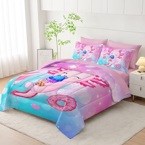 HOSIMA 7Pcs Axolotl Comforter Set Animal Bedding Room Decor for Teens,Dessert Milk Tea Donut with Cute Sheets Queen and Fitted Sheet Fantasy Blue Purple Queen Size Bed in a Bag with 4 Pillowcases.