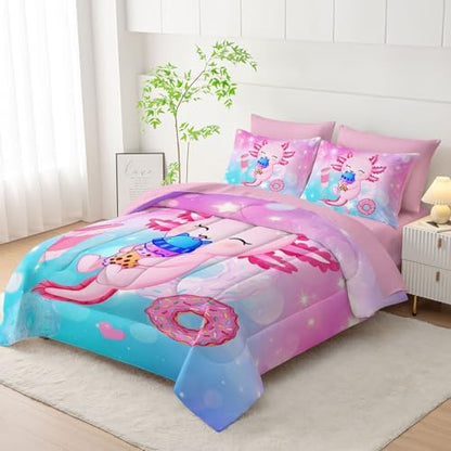HOSIMA 7Pcs Axolotl Comforter Set Animal Bedding Room Decor for Teens,Dessert Milk Tea Donut with Cute Sheets Queen and Fitted Sheet Fantasy Blue Purple Queen Size Bed in a Bag with 4 Pillowcases.
