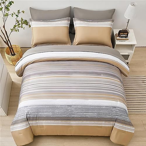 KAKIJUMN Striped Comforter Set Twin Size, 5 Piece Bed in a Bag, Warm Tan