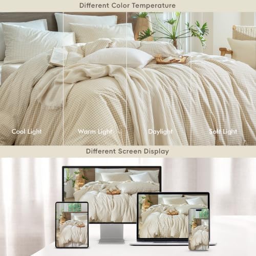MooMee Gingham Duvet Cover Set 100% Washed Cotton Linen Like