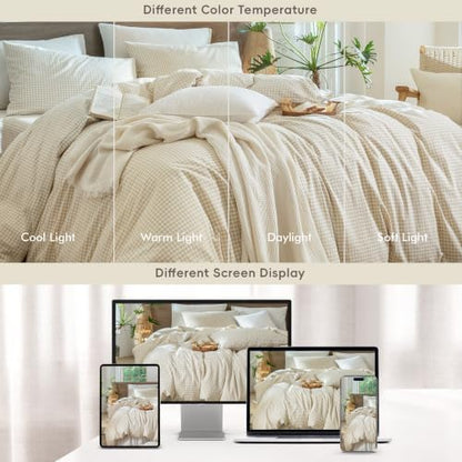 MooMee Gingham Duvet Cover Set 100% Washed Cotton Linen Like