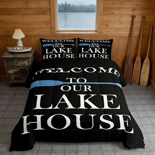 Lake House Comforter Set Full Size, Blue Paddle Lake Camping Bedding Set 3pcs, Rustic Farmhouse Lake Life Black Down Comforter for All Season, Kids Boys Girls Room Decor, 2 Pillowcases, No Sheets