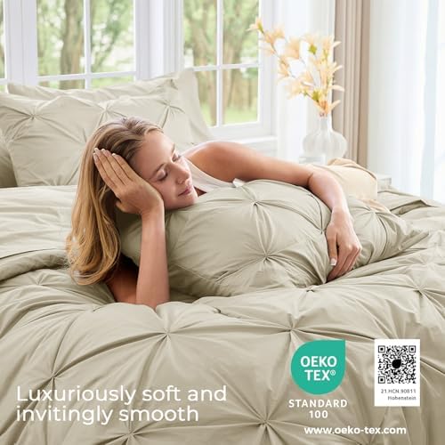 Sasttie Twin XL Comforter Set, 5-Piece Bed in a Bag, Pintuck Bedding Sets for All Season, Includes Comforter, Flat Sheet, Fitted Sheet, Pillowcase and Pillowsham, Linen