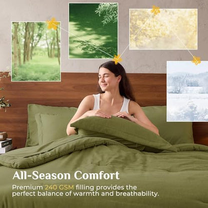 JOLLYVOGUE Olive Green Full Comforter Set, Cationic Dyeing Bed in a Bag Full 7 Pieces, Double-Tone Bedding Set with Down Alternative Comforter, Sheets, Pillowcases & Shams