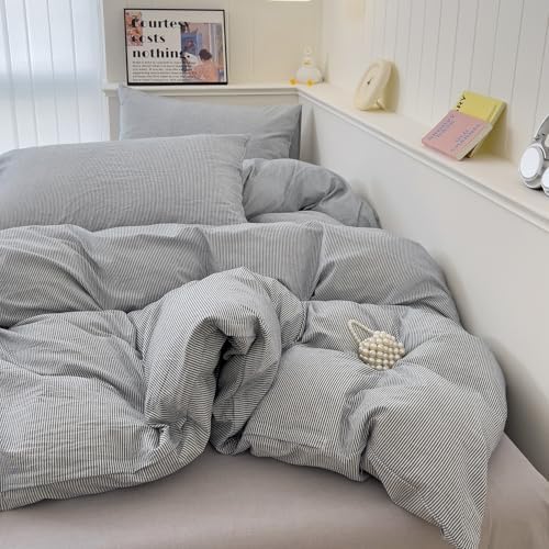 mixinni Grey Striped Duvet Cover Twin Size - 100% Washed Cotton Pinstripe Comforter Cover with Zipper Closure, Lightweight & Breathable, 3 Pieces Minimalist Stripes Pattern Printed Bedding Set