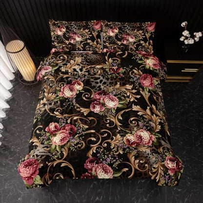 Nttopship Black Boho Floral Comforter Set King Size Flower Bedding Sets 3PCS for Kids Teen Adult Retro Flowers Room Decor Ultra-Soft Lightweight Microfiber 1 Comforter with 2 Pillowcases