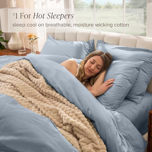 Bare Home 100% Organic Cotton Percale Duvet Cover Set (Queen, Dusty Blue)