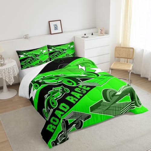 Erosebridal King Size Race Car Comforter Set for Boys Sports Car Bedding Set Cool Racing Car Bed Set for Boys Girls Kids Adult,Black Green Race Cars Gaming Bedding Sets Car Bedroom Decor 3Pcs