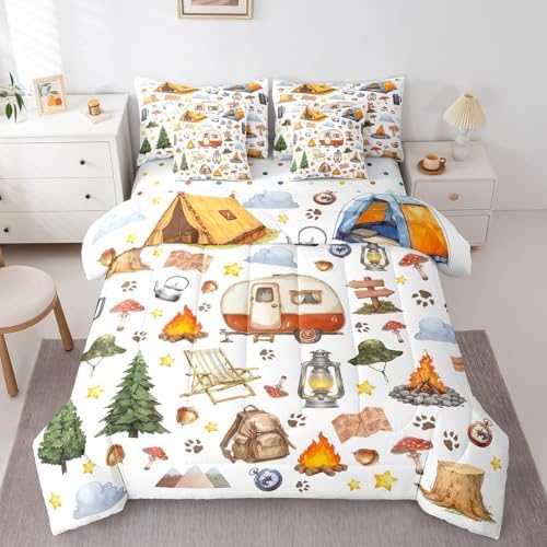 Erosebridal Kids Camping Full Comforter Set with Sheets 7 Piece Camper Bedding for Bunks,Rv Bed in A Bag Accessories for Travel Trailers,Campfire Pine Tree Bear Paws Woodland Adventure Bed Set