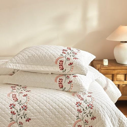 MarCielo 3Pcs Cotton European Folk Embroidered Quilt Bedspread Set Modern Farmhouse Style TC155