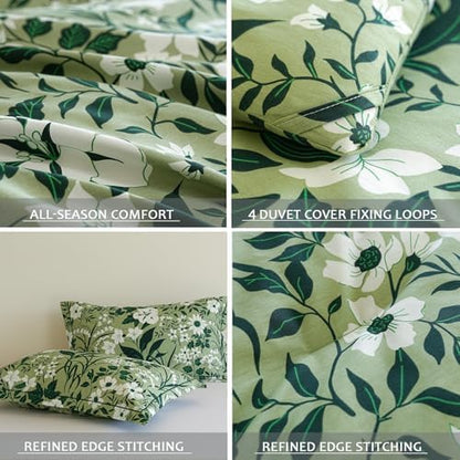 Twin Comforter Set 2 Pieces, 100% Cotton Green Leaf Print Bedding Set for All‑Season, Soft Hypoallergenic Comforter with 1 Pillow Sham