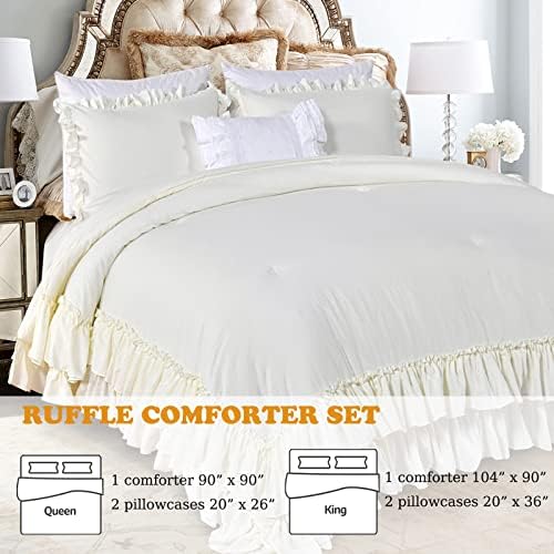 Masaca Shabby King Size Comforter Set, Farmhouse Ivory Bedding Ruffled Comforter Set King,Lightweight Vintage Rustic Bedding 3 Pcs (1 Shabby Comforter and 2 Pillowcases)
