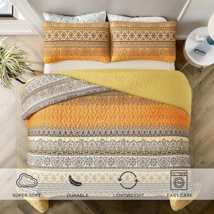 WONGS BEDDING Boho King Quilt Bedding Set, 3 Pieces Bedspread,Yellow Orange