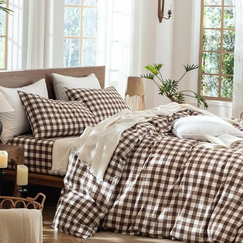 MooMee Gingham Duvet Cover Set 100% Washed Cotton Linen Like