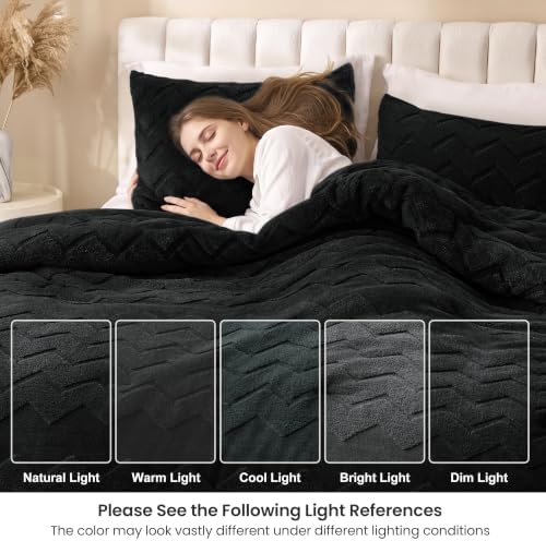 Love's cabin Fleece King Comforter Set, Fluffy Reversible Bedding, Black