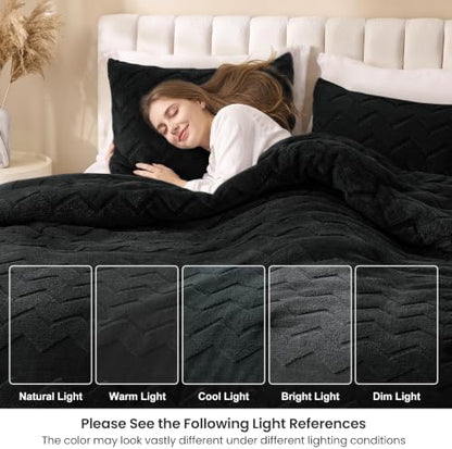 Love's cabin Fleece King Comforter Set, Fluffy Reversible Bedding, Black