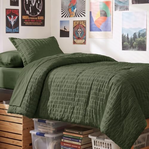 CozyLux Twin XL Comforter Set, 5 Pieces Olive Green Seersucker Bed in a Bag
