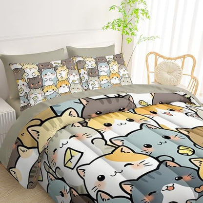 QOOMO Kawaii Cats 7 Pieces Comforter Set Queen Size,Cute Cats Bedding Set