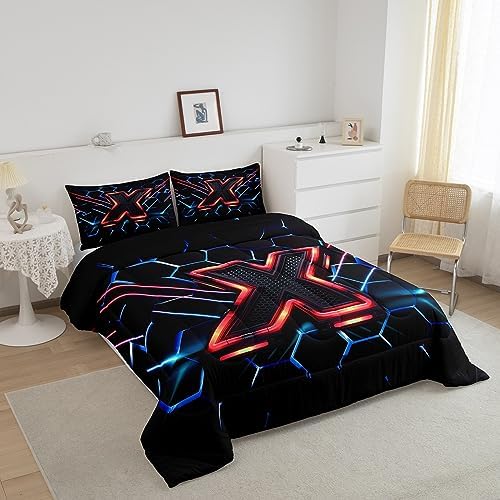 Manfei Geometric Honeycomb Kids Comforter Set King Size,Blue Neon Hexagon Abstract Bedding Set for Boys Girls Man Room Decor,Light Gaming Fashion Down Comforter,Red Black Duvet Insert,2 Pillowcases