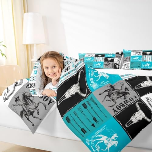 Manfei Cowboy Comforter Set Queen Size, Bull Skull Horse Arrow Quilt Set with 2 Pillowcases, Geometric Grid Blue Plaid Bedding Set 3pcs for Kids Boys Girls Room Decor Western Duvet Insert