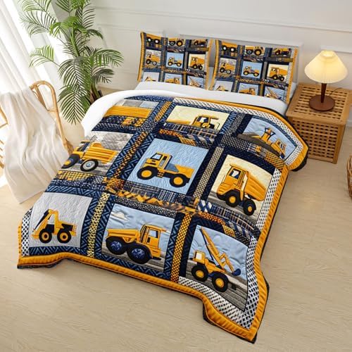 Kids Excavator Comforter Set Twin,Boys Construction Bedding Set,Yellow Vehicles Excavator Tractor Print Bedding Set,Soft Microfiber Cartoon Truck Quilt Set for Room Decor