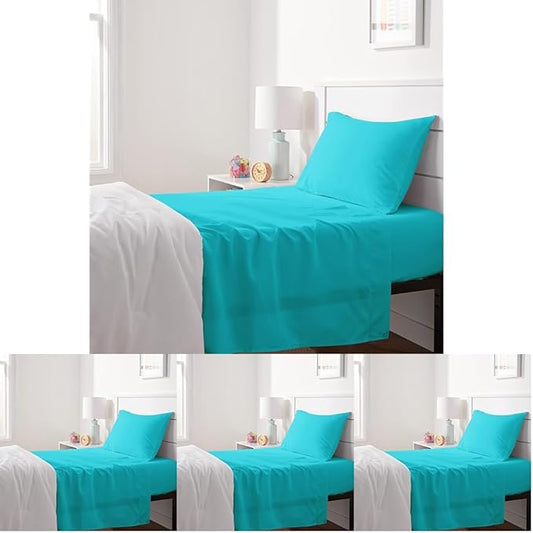 Amazon Basics Kid's Soft Easy-Wash Lightweight Microfiber 3-Piece Sheet Set, Twin, Bright Aqua, Solid (Pack of 4)