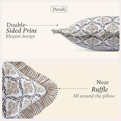 CPC Block Print Sandstone Regal Ruffle Cotton Lumbar Pillow Cover 14x36 inch