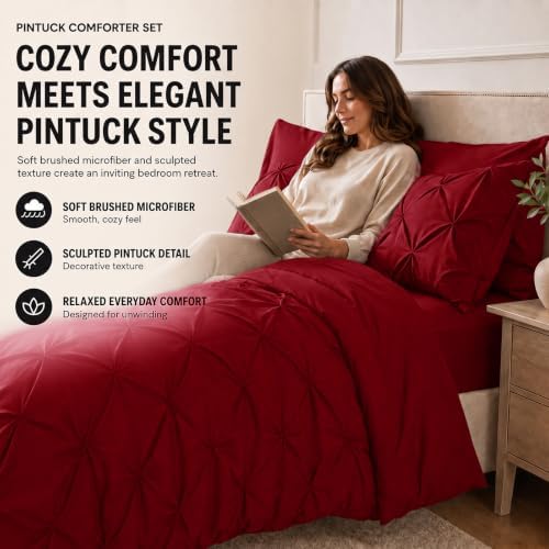 HIMEET Queen Comforter Set Deep Red - 7 Pieces Pintuck Bed in a Bag