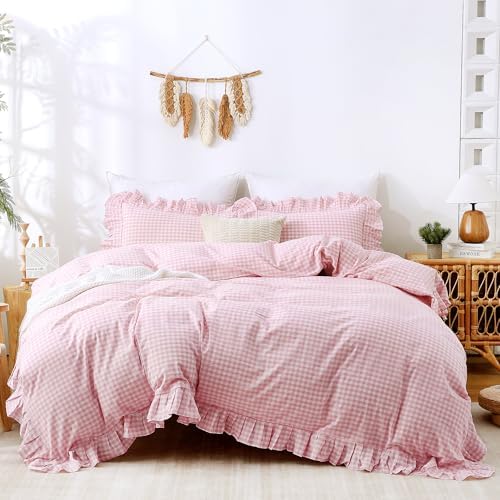 ATsense Pink Gingham Ruffle Duvet Cover Set Cotton Like Linen, King
