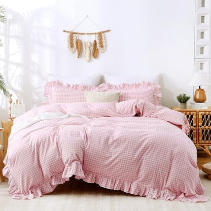 ATsense Pink Gingham Ruffle Duvet Cover Set Cotton Like Linen, King