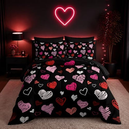 Nttopship Love Black Comforter Set King Size 7Pcs，Love Valentines Day Romantic Soft Bedding Set Pink Watercolor Kawaii Cartoon Love Heart Geometric, Bed Sheet Set Cartoon Love Decor