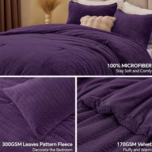 ChiXpace Fleece King Size Comforter Set Purple, Fluffy Bed Set 3 Pieces