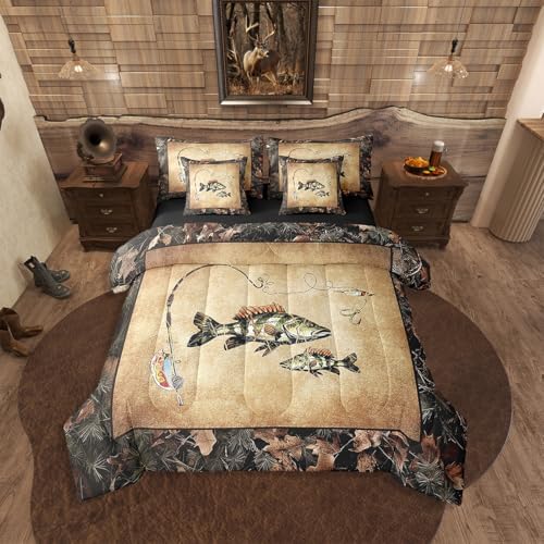 Erosebridal Rustic Bass Fish Twin Comforter Set with Sheets 7 Piece Country Camo Fishing Bedding Set Woodland Camouflage Lake Fish Bed in A Bag for Kids Boys Teen Men Retro Farmhouse Cabin Bed Set
