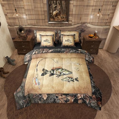 Erosebridal Rustic Bass Fish Twin Comforter Set with Sheets 7 Piece Country Camo Fishing Bedding Set Woodland Camouflage Lake Fish Bed in A Bag for Kids Boys Teen Men Retro Farmhouse Cabin Bed Set