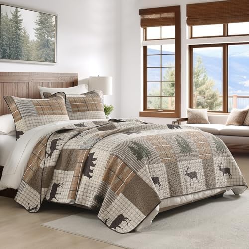 PERHOM Quilt King Size, 100% Cotton King Size Quilt, Lodge Cabin Farmhouse King Quilt, Brown Beige Green Plaid Lightweight Soft Quilted Bedspread Sets for All Season, 3 Pieces