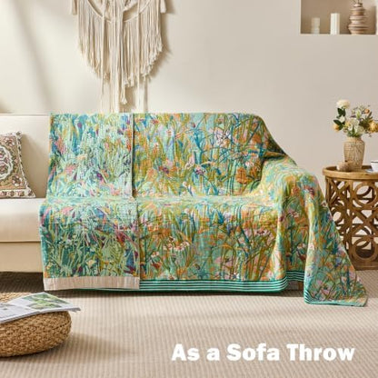 VANJOROY Boho Throw Blanket, 100% Organic Cotton Breathable Skin-Friendly Ultra Soft 50" x 60" Bed Quilt Green Leaf Throw - Floral Luxury Reversible Blanket for Sofa Couch Chair and Gift,