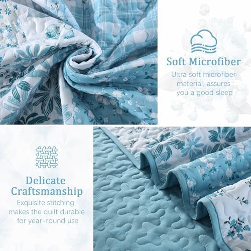 Mybedsoul Blue Patchwork King Size Quilt, Floral Reversible Bedding Set