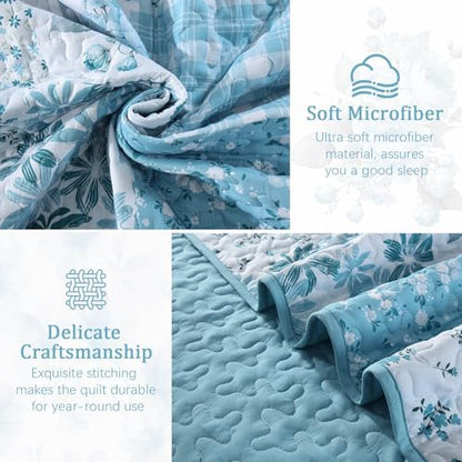 Mybedsoul Blue Patchwork King Size Quilt, Floral Reversible Bedding Set