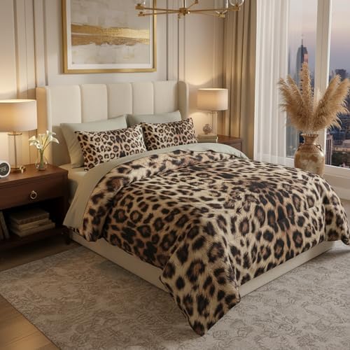 QOOMO Leopard Print 7 Pieces Comforter Set King Size,Cheetah Bedding Set