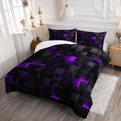 Geometric Violet Black Comforter Set,Light Honeycomb 3 Piece Bedding Set Queen Size for Teen Boys,Modern Bedding Quilt Set Geometry Decor,Microfiber Lightweight 1 Comforter 2 Pillowcases All Season