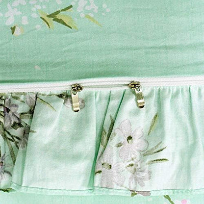 FADFAY Shabby Green Floral Bedding 100% Cotton Princess Lace Ruffle Girls Duvet Cover Set with Bedskirt, 4Pcs, Twin Size