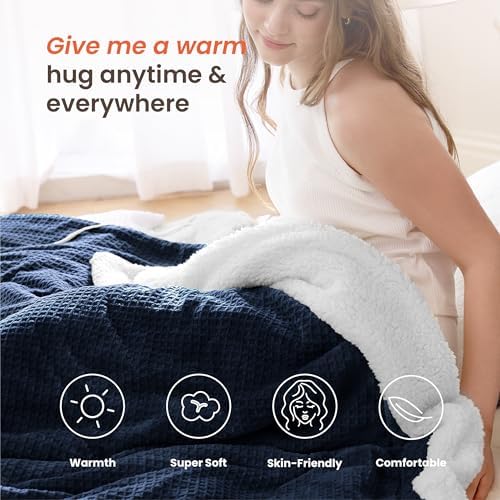 Heated Blanket Electric Blanket Full Waffle,72x84 Inches Sherpa Fleece Fast Heating Blanket 6 Heating Levels & 10 Hours Auto Off ETL Certification, Navy Full