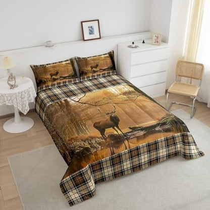 Manfei 3D Deer Comforter Set King Size, Wildlife Hunting Theme Wild Animal Print Bedding Set 3pcs for Kids Boys Teens Bedroom Decor, Champagne Plaid Print Quilt Set with 2 Pillowcases