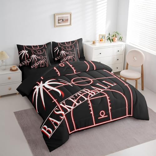 Sports Bedding King Size 7-Piece Basketball Comforter Set for Girls Boys, Neon Glowing Red Bedding Comforter Sets Sport Theme Bed in a Bag, Black Red Bedding Accessories Microfiber (Black Reversible)