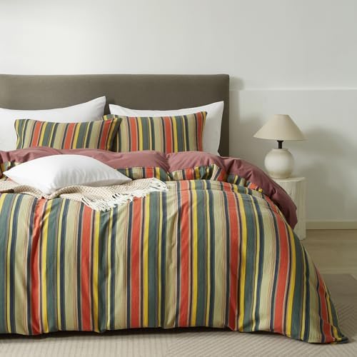 mixinni Twin XL Size Comforter Set 3 Pieces, Vintage Colorful Striped Washed Cotton Reversible Comforter with 2 Pillowcases, All Season Lightweight Bedding for Women & Men, Retro Mid-Century Style