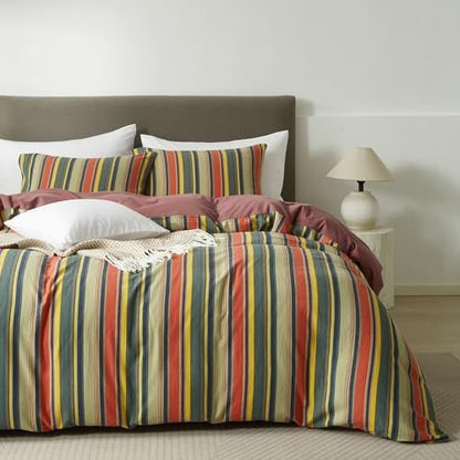 mixinni Twin XL Size Comforter Set 3 Pieces, Vintage Colorful Striped Washed Cotton Reversible Comforter with 2 Pillowcases, All Season Lightweight Bedding for Women & Men, Retro Mid-Century Style